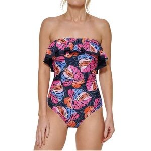 🌻NEW w.tag Tommy Hilfiger Colorful Palm Ruffle Bandeau 1-Piece Swimsuit Size 10